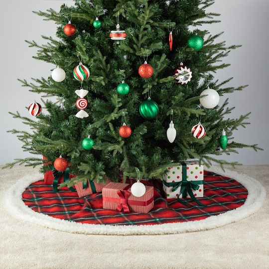 Glitzhome® 60" Red & Black Plaid Reversible Sherpa/Flannel Christmas Tree Skirt